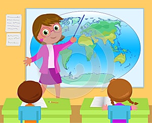 School classroom, teacher and kids vector illustration
