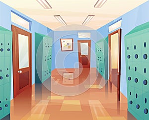 School, college hallway with open and closed doors, storage lockers, notice board. Cartoon vector illustration for kids