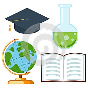School college university science cartoon icon set poster hat test tube open book globe.
