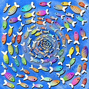 School of colorful fish swimming in a circle