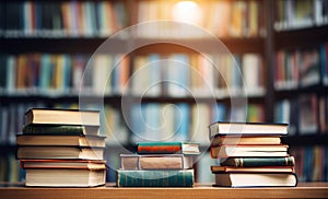 School concept, books on library shelf, back to school, blurred background