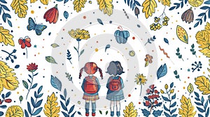 School concept, children and flowers drawn on a white background.