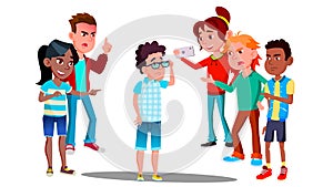 School Conflict, Sad Teenager Is Surrounded By Classmates Ridiculing Him Vector. Isolated Illustration photo