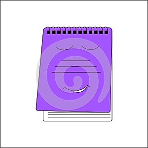 A school copybook outline color icon.Purple children`s vertical notebook on a spiral with a smile. A study notebook. Concept of