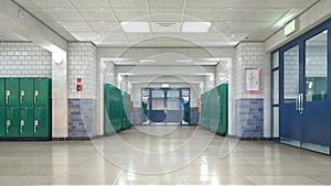 School corridor with exit door.