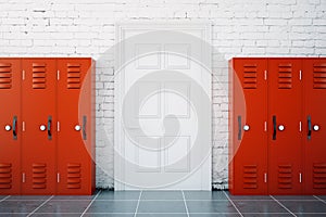 School corridor with red lockers
