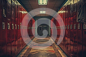 School corridor with red lockers and patterned floor