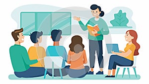A school counselor facilitating a workshop on active listening skills for a group of teachers.. Vector illustration. photo