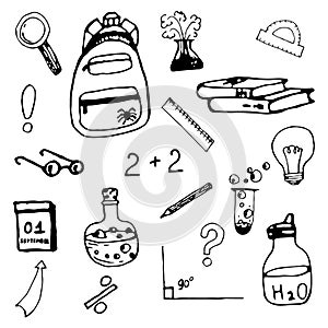 School cute doodle set for boy with backpack, glasses, beakers for chemistry lesson, calendar, magnifier.