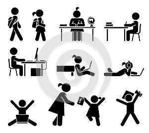 School days. Pictogram icon set. School children.