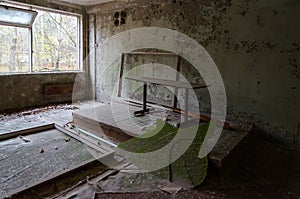 School in dead abandoned ghost town Pripyat in Chernobyl nuclear power plant alienation zone, Ukraine