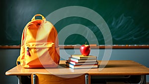 School desk with a backpack, apple, and books