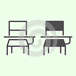 School desk line and solid icon. Classroom student table and chair outline style pictogram on white background