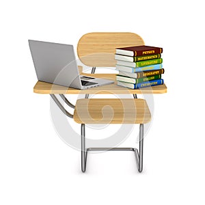 School desk, pile books and laptop on white background. Isolated 3D illustration