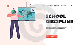 School Discipline Landing Page Template. Teacher with Globe Stand at World Map Explain Geography Lesson to Students