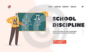 School Disciplines Landing Page Template. Teacher with Protractor Stand at Blackboard Explain Geometry to Students