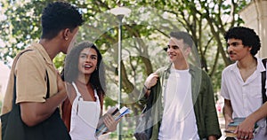 School, diversity and student friends laughing on university campus together in summer. Education, college and study