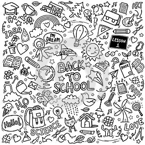 School doodle icons. hand drawn education sign and stationery supply item symbols.