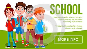 School Eduacation Banner Vector. Girls, Boys Student Smiling. Poster, Website, Invitation. Pupils. Illustration