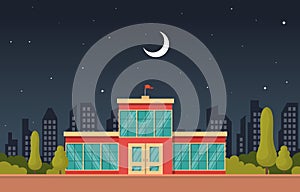 School Education Building Night Outdoor Landscape Cartoon Illustration