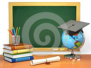 School education concept. Mortar board, blackboard, books, globe