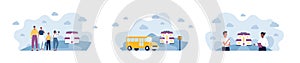 School education concept. Vector flat people illustration set. Yellow bus. Family with father, mother, son and daughter with