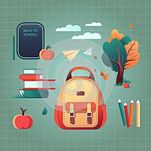 School and education design elements. Stickers with backpack, autumn trees, apple and books, vector flat illustration