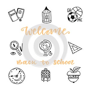 School education doodle sketch icons set. Hand drawn vector icon collection. Welcome back to school