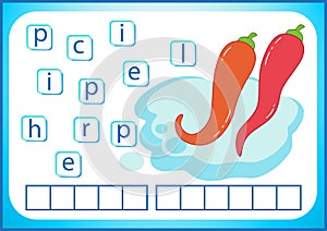 School education. English flashcard for learning English. We write the names of vegetables and fruits. Words is a puzzle game for