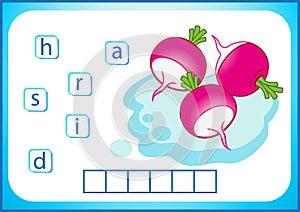 School education. English flashcard for learning English. We write the names of vegetables and fruits. Words is a puzzle game for