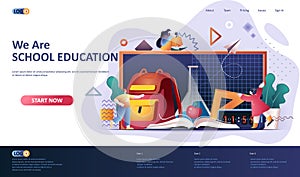 School education flat landing page template. Elementary schools education web banner. Shopping school supplies, backpack and