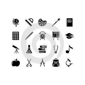 School and education flat line icons set. book,  graduate hat, pen, pencil, ruler, apple, calculator. Simple flat vector