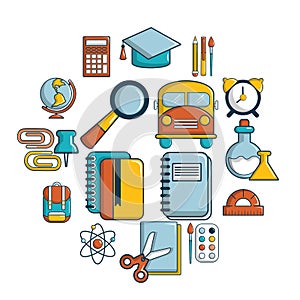 School education icons set, cartoon style