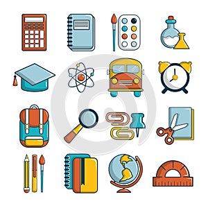 School education icons set, cartoon style