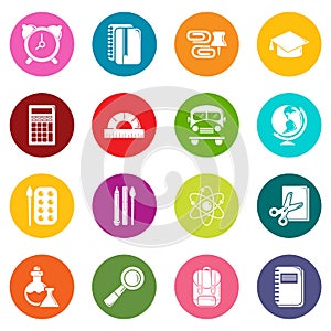 School education icons set colorful circles vector