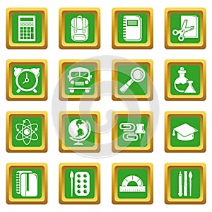 School education icons set green square