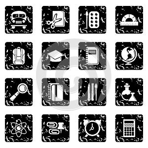 School education icons set grunge vector