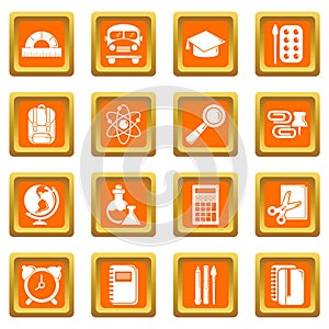School education icons set orange square vector