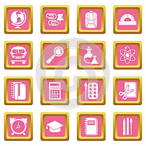 School education icons set pink square vector