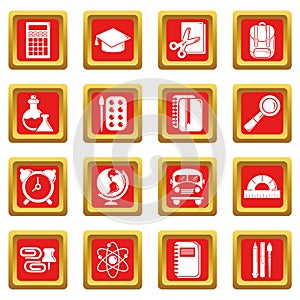 School education icons set red square vector
