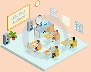 School education isometric with teacher and pupil at computer technology lesson. Learning process in classroom