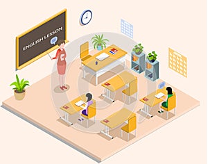 School education isometric with teacher and pupil at english lesson. Learning process in classroom