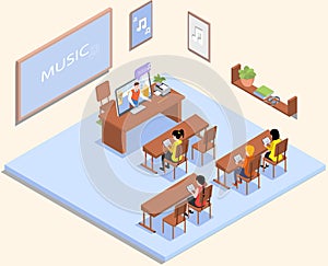 School education isometric with teacher and pupil at music lesson. Learning process in classroom
