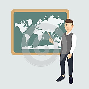 School Education, Learning Vector Concept. Cartoon geography teacher stands near a blackboard with a pointer. points a