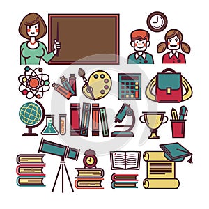 School education and lessons study items and sicence supplies vector flat icons set