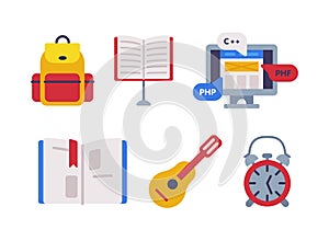 School Education Object with Backpack, Book, Computer, Guitar and Alarm Clock Vector Set