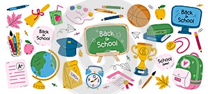 School education object, lesson subject supply, learning accessories, knowledge item design element