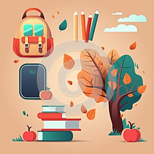 School and education related objects. Design elements stickers with backpack, autumn trees, apple and books, vector flat