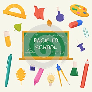 School and education related sets of objects consisting of pen, pencil, ruler, alam, book, notebook. Vector illustration