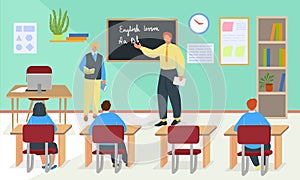 School education with teacher, english lesson at class vector illustration. Boy girl pupil charcater learn and get